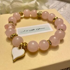 Blush Rose Quartz 10mm with white heart charm and gold cz accents